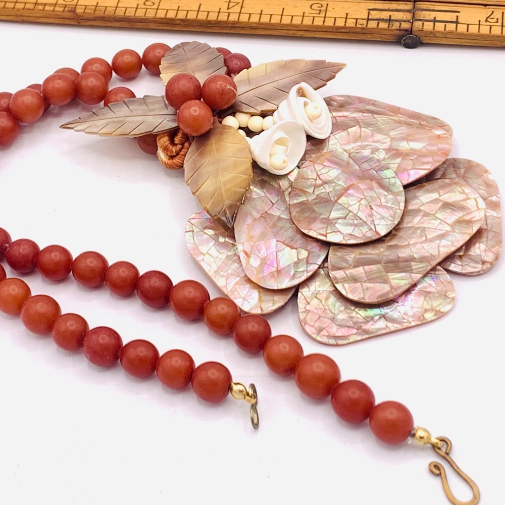Taupe burnt orange beads mosaic mother of pearl necklace